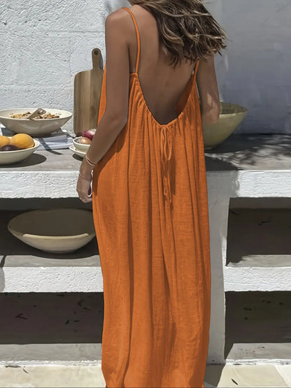 Women'S Solid Color Cami Spaghetti Strap Loungewear Night Dress, Elegant Sleeveless Long Dress for Summer, Ladies Sleepwear for Indoor Wear