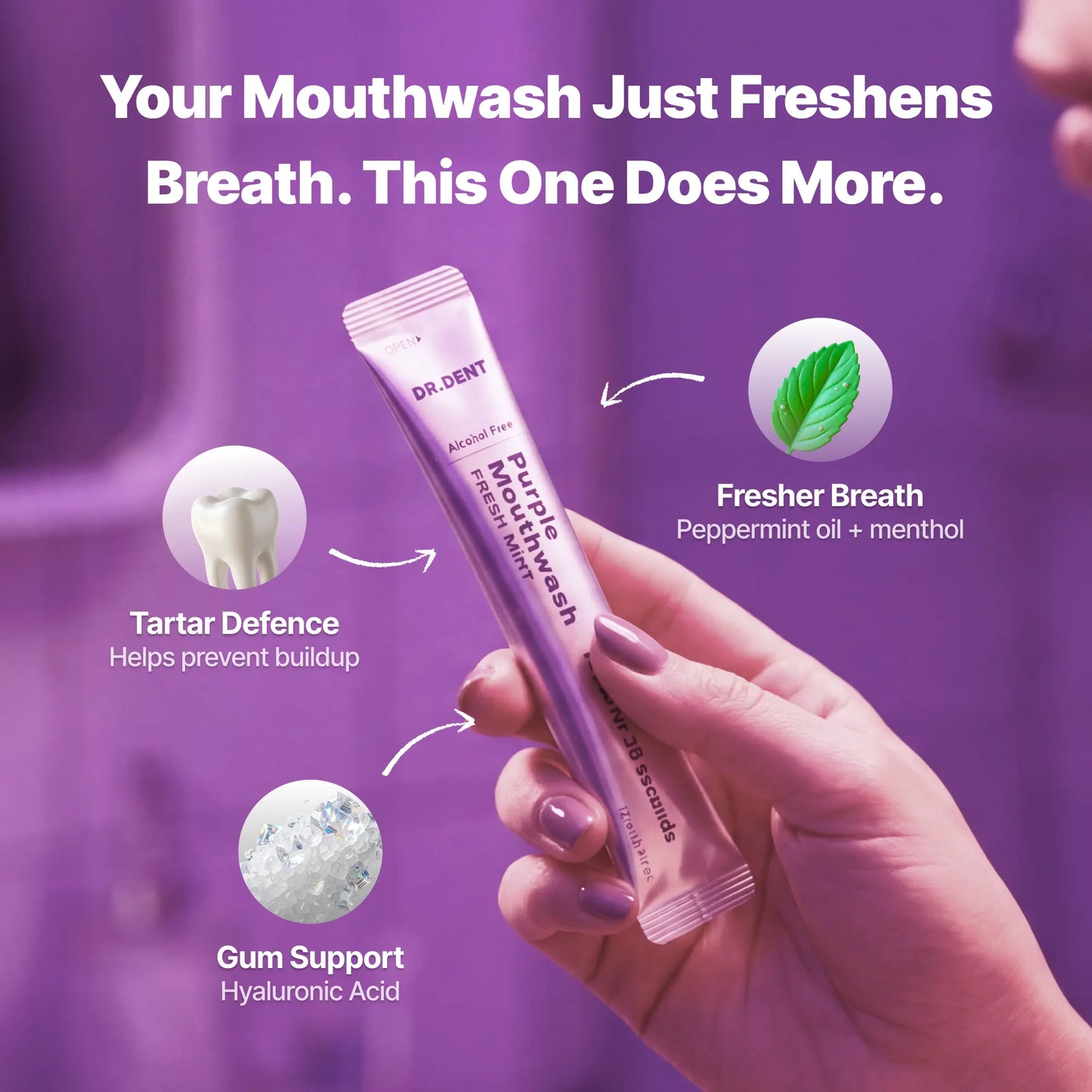 DR.DENT Purple Mouthwash - Sachets 20 Pack - Peroxide-Free - Alcohol Free - Vegan Mint